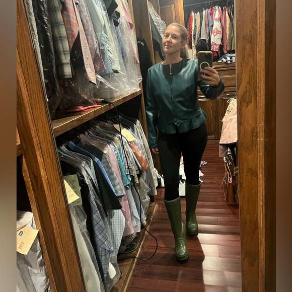 Marc Jacobs Leather Hunter Green Poplin Jacket Size Medium - Picture 5 of 6